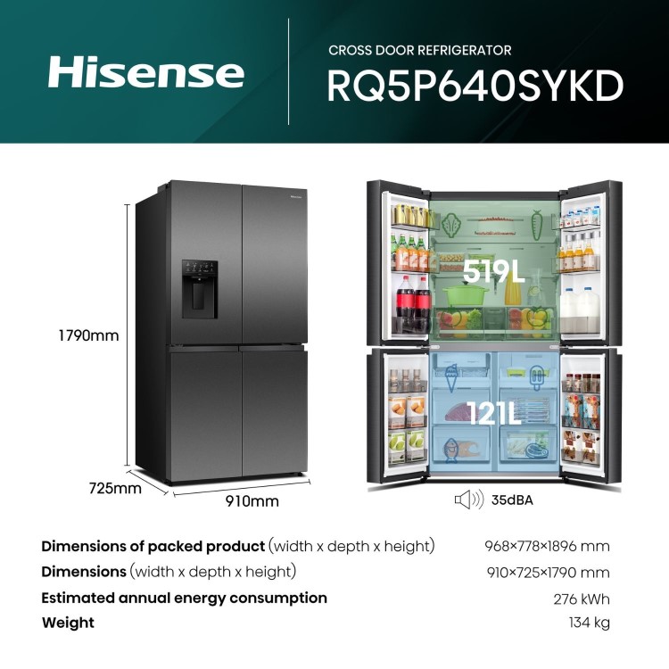 Hisense PureFlex 640 Litre Four Door American Fridge Freezer - Silver