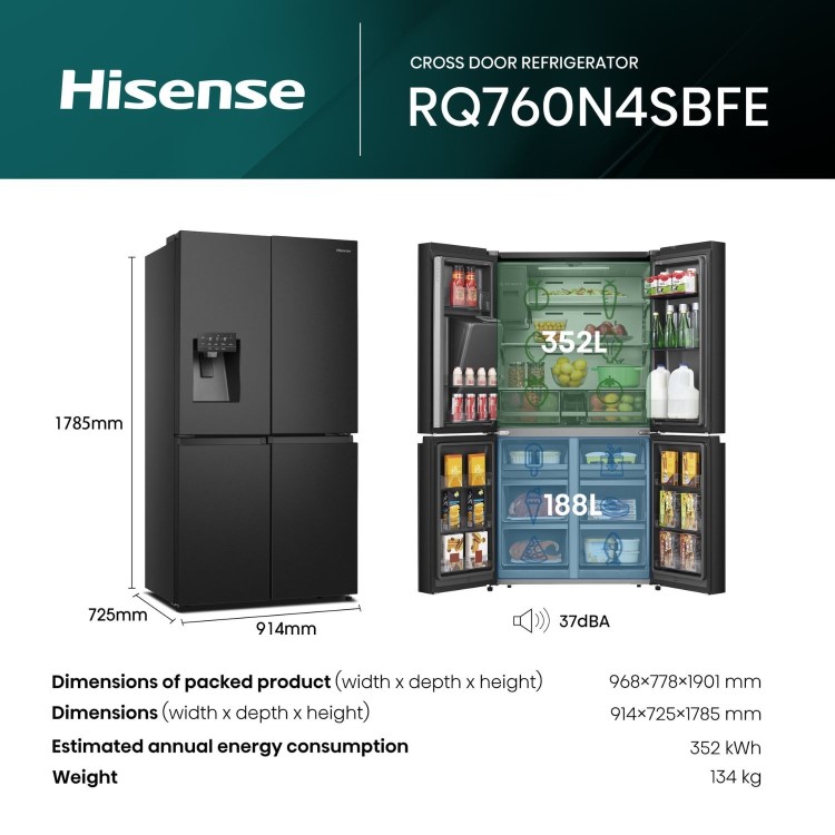 Hisense PureFlat 584 Litre Four Door American Fridge Freezer - Black