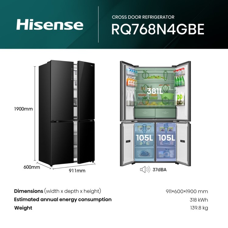 Hisense KitchenFit 591 Litre Four Door American Fridge Freezer - Black