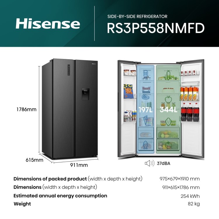 Hisense PureFlat 541 Litre Side-by-Side American Fridge Freezer - Black