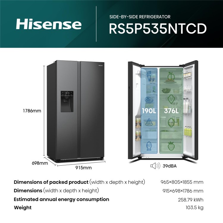 Hisense 566 Litre Side-By-Side American Fridge Freezer - Black