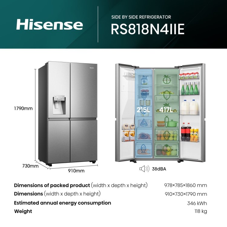 Refurbished Hisense Pureflat Infinite 632 Litre Side-by-Side American Fridge Freezer - Stainless Steel