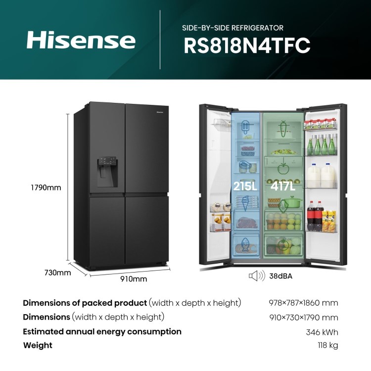 Hisense 632 Litre Side-By-Side American Fridge Freezer - Black