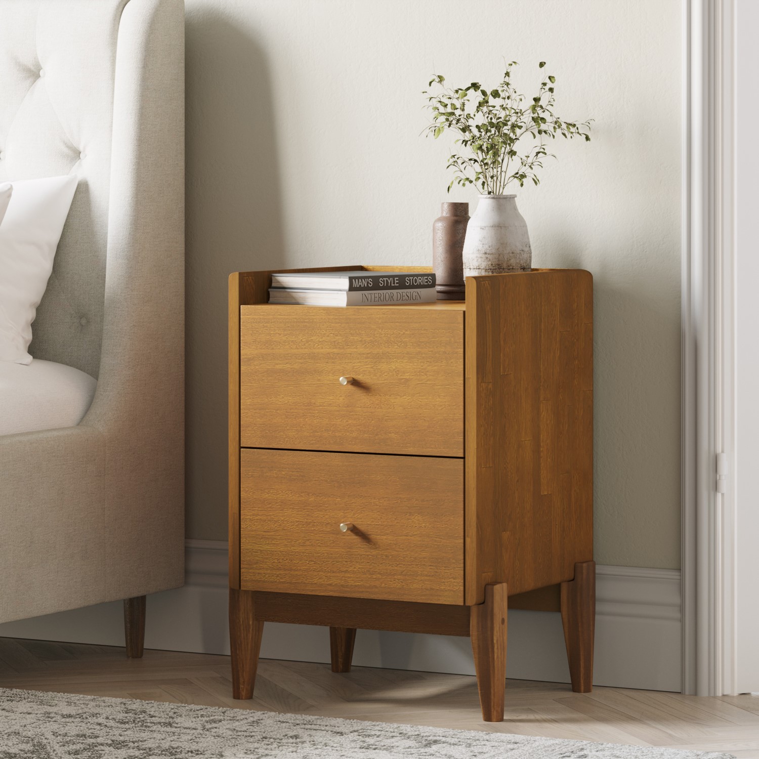 Wooden Mid-Century Tall 2-Drawer Bedside...