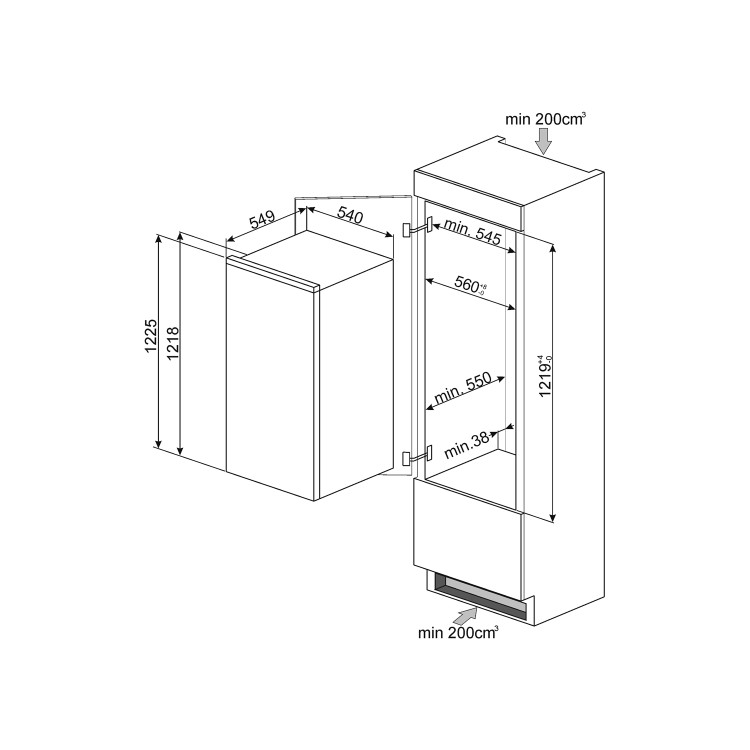 Smeg S3C120P1 123x54cm 187L Intergrated In-Column Fridge - Sliding Rail