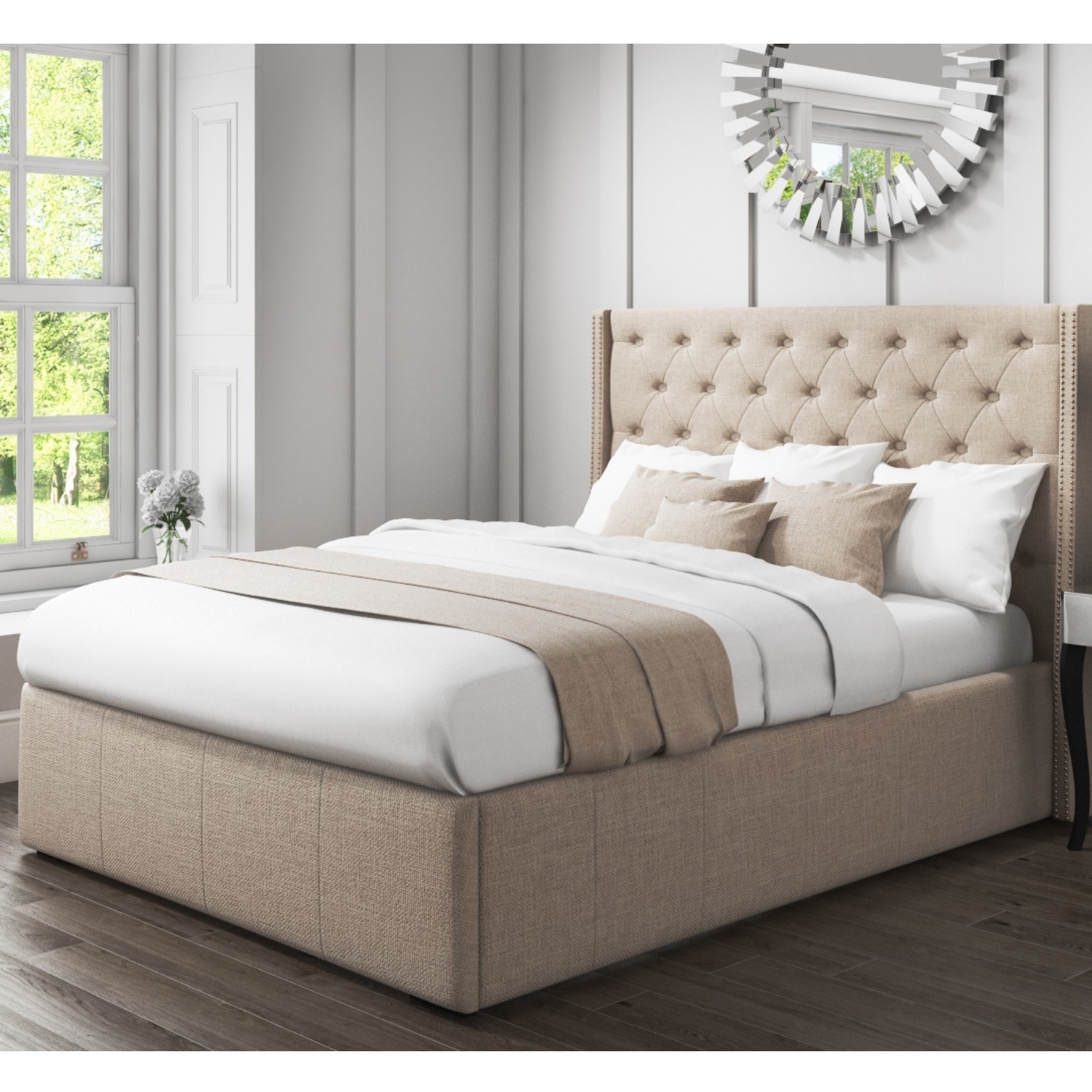 Safina King Size Wing Back Ottoman Bed With Stud Detailing In Woven Safina King Size Wing Back Ottoman Bed With Stud Detailing In Woven Beige Saf018