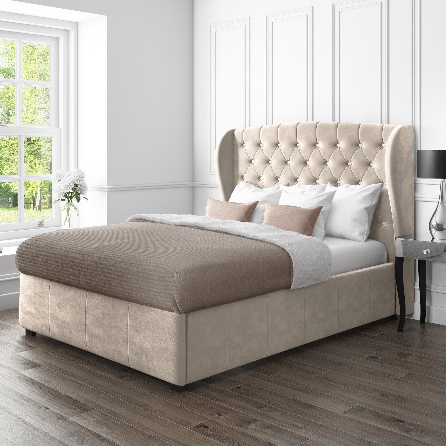 New Luxury Modern Safina Wing Back Double Ottoman Bed In Beige Velvet