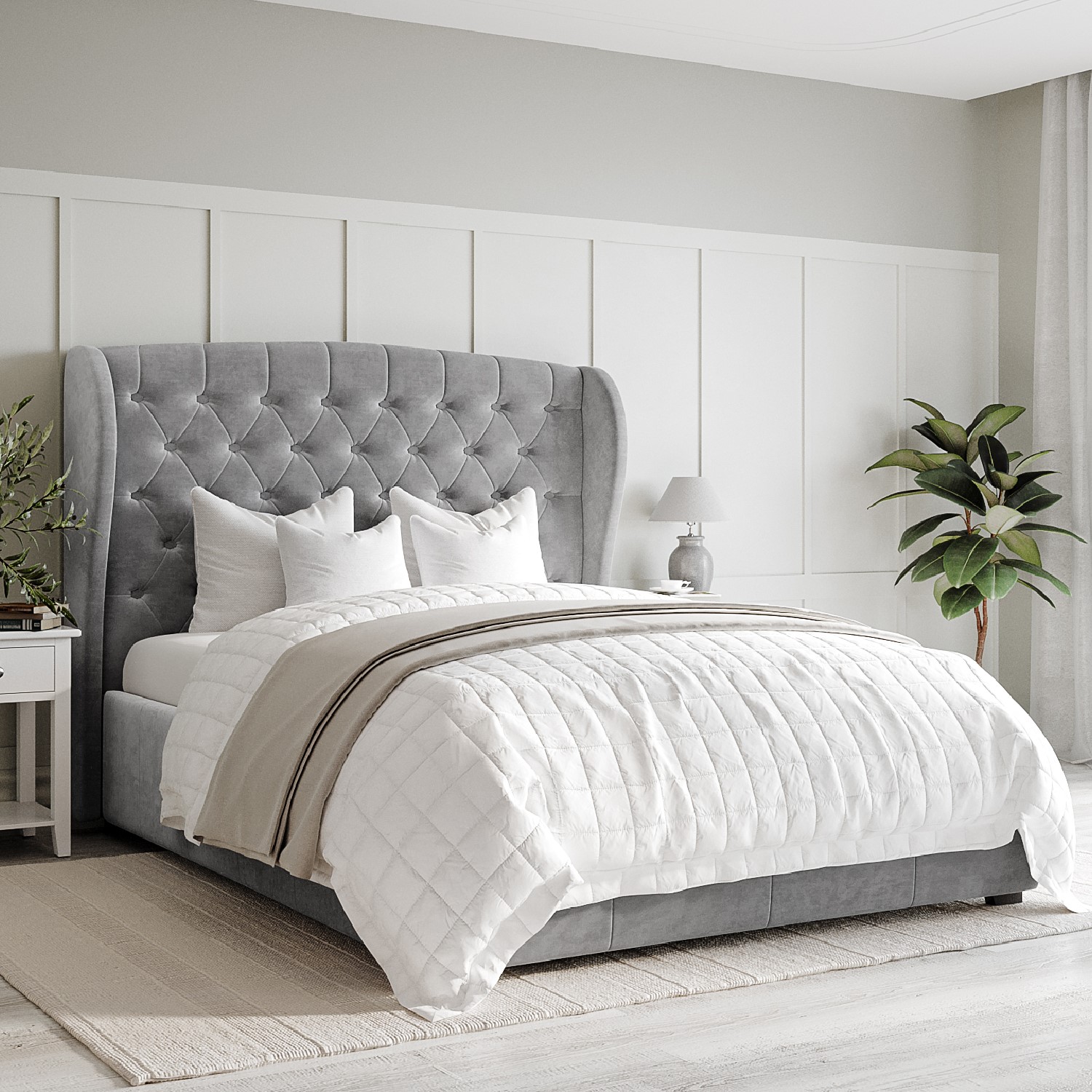 New Modern Safina Wing Back King Size Ottoman Bed Grey Velvet New Modern Safina Wing Back King Size Ottoman Bed Grey Velvet Bedroom Furniture