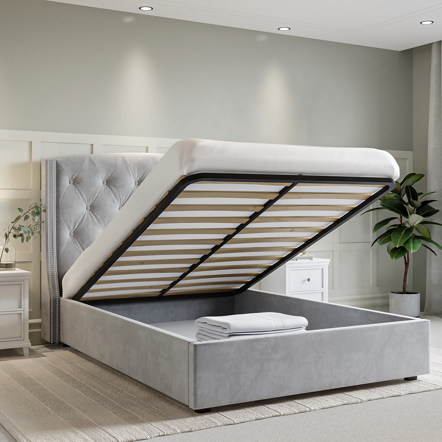 Safina King Size Wing Back Ottoman Bed In Silver Grey Velvet Ebay