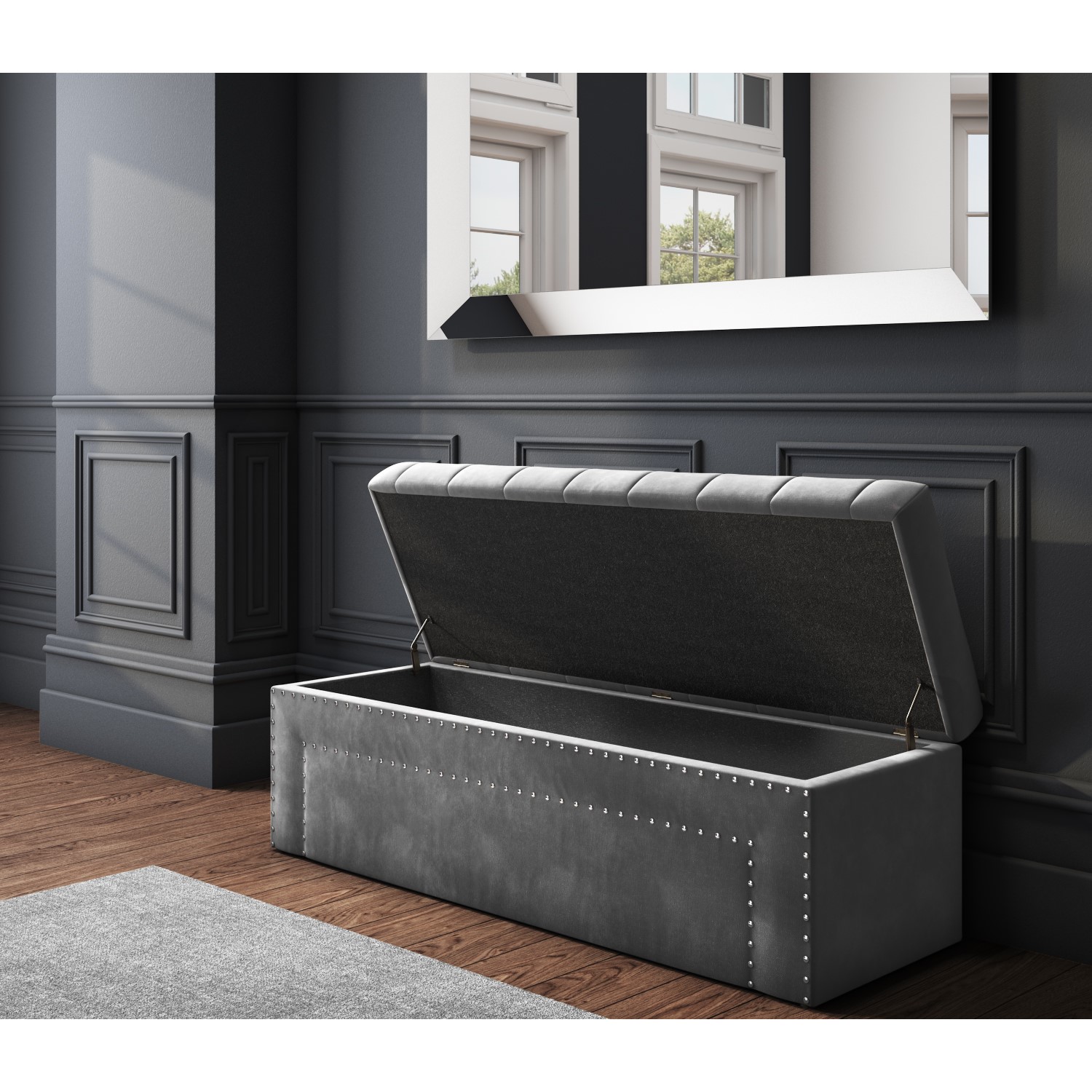 Safina Velvet Storage Blanket Box in Grey with Stud Detail