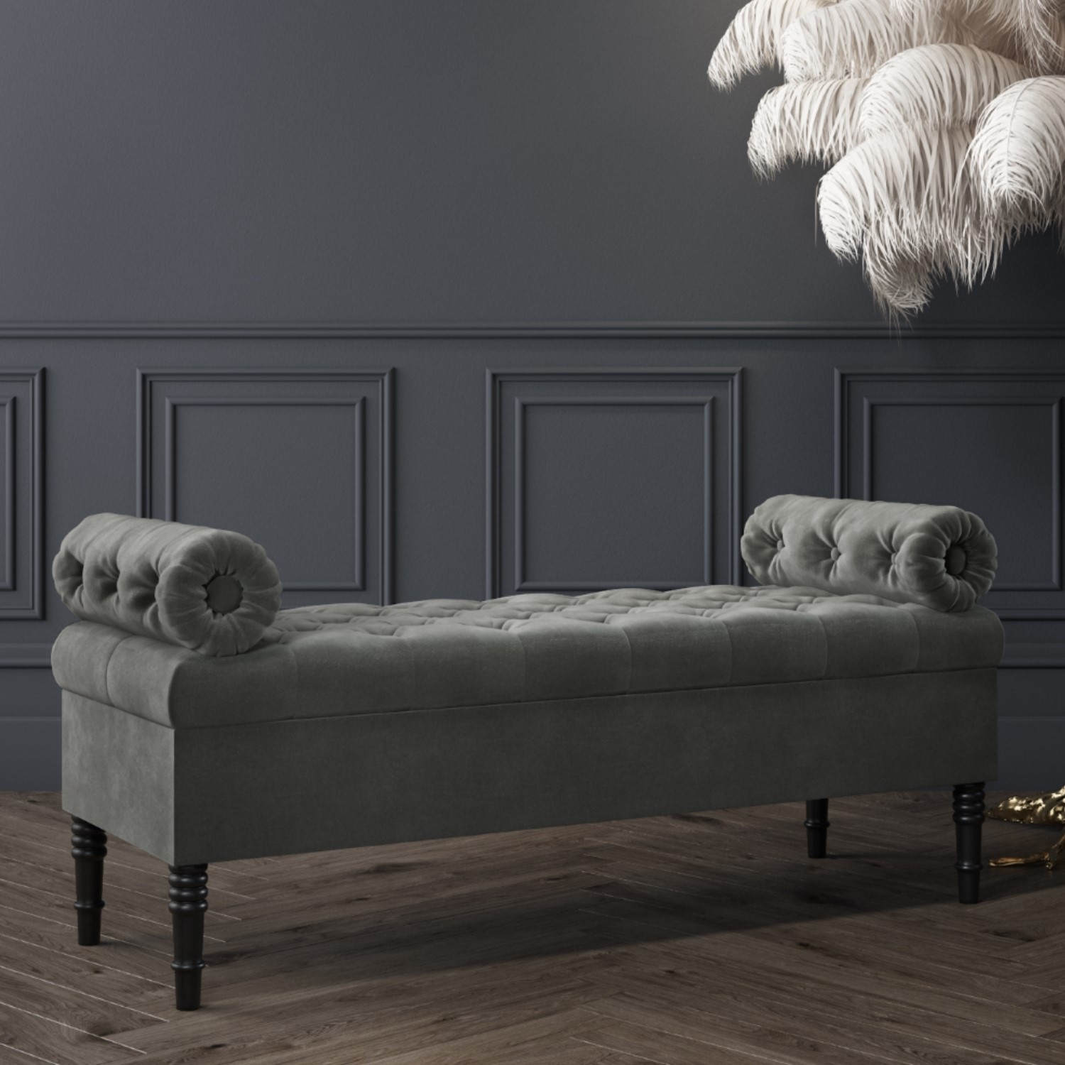 Safina Ottoman Storage Bench In Grey Velvet With Bolster Cushions Safina Ottoman Storage Bench In Grey