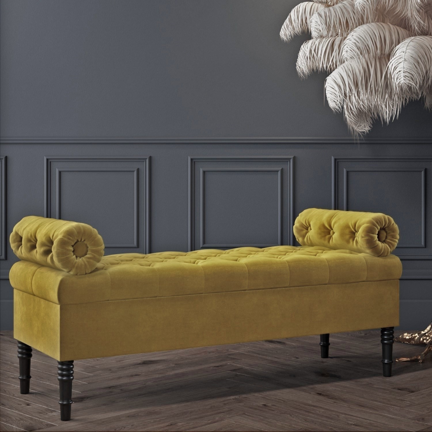 Safina Ottoman Storage Bench In Olive Green Velvet With Bolster