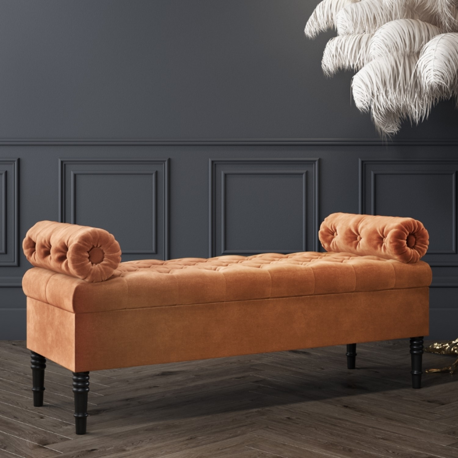 Safina Ottoman Storage Bench In Burnt Orange Velvet With Bolster