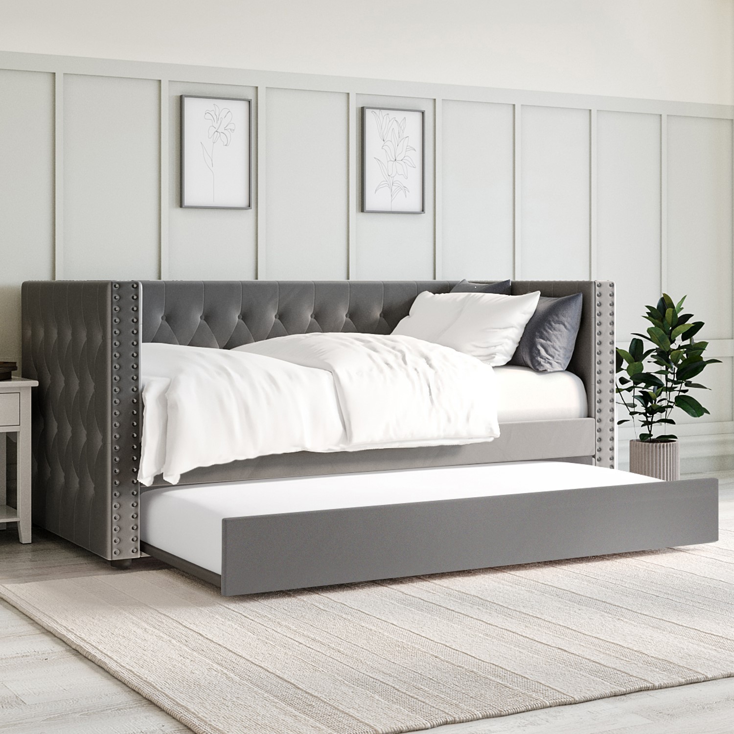 Sacha Velvet Day Bed Frame In Anthracite Grey Trundle Bed
