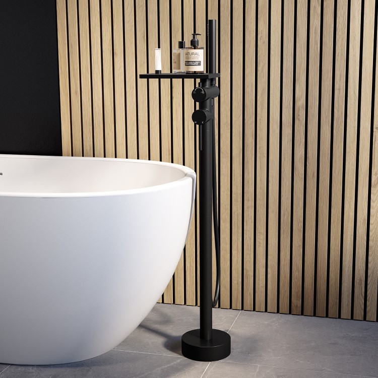 Matt Black Freestanding Bath Shower Mixer with Shelf - Savannah