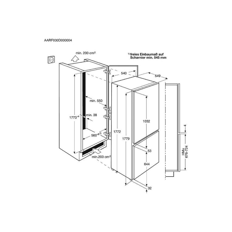 GRADE A2 - AEG SCE81816TS 54cm Wide Frost Free 60-40 Integrated Upright Fridge Freezer - White