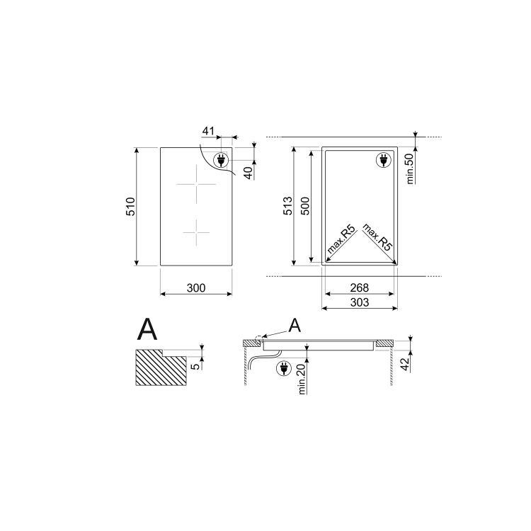 Refurbished Smeg SE232TD1 30cm 2 Zone Domino Frameless Ceramic Hob Black
