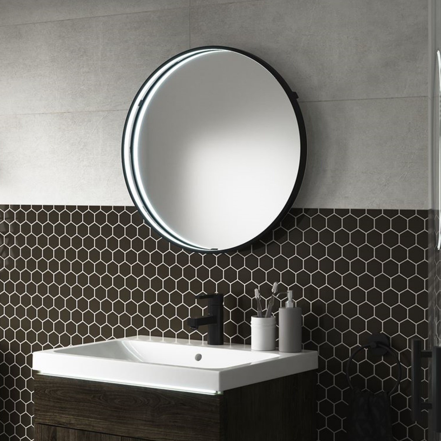Round Black LED Bathroom Mirror with Demister 600mm - Sensio Aspect
