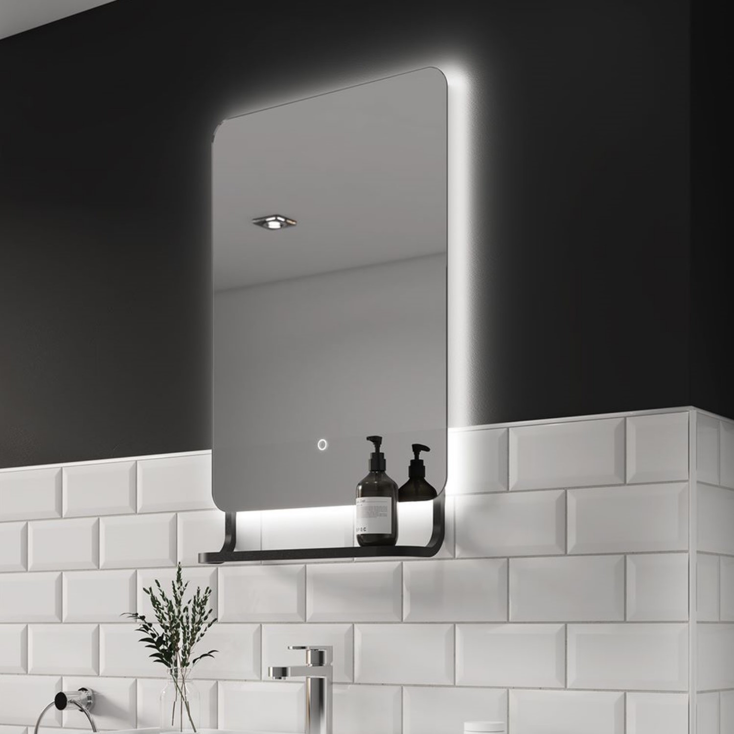 Rectangular Black LED Bathroom Mirror with Shelf 500 x 790mm - Sensio Harbour