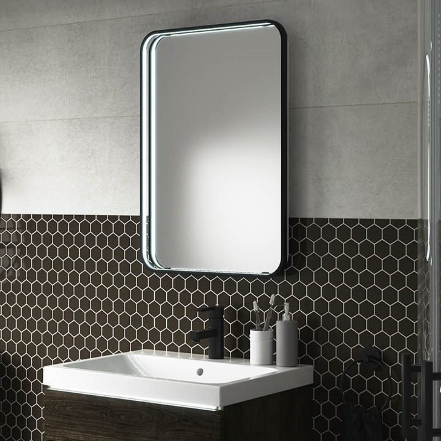 Rectangular Black LED Bathroom Mirror with Demister 700 x 500mm - Sensio Aspect