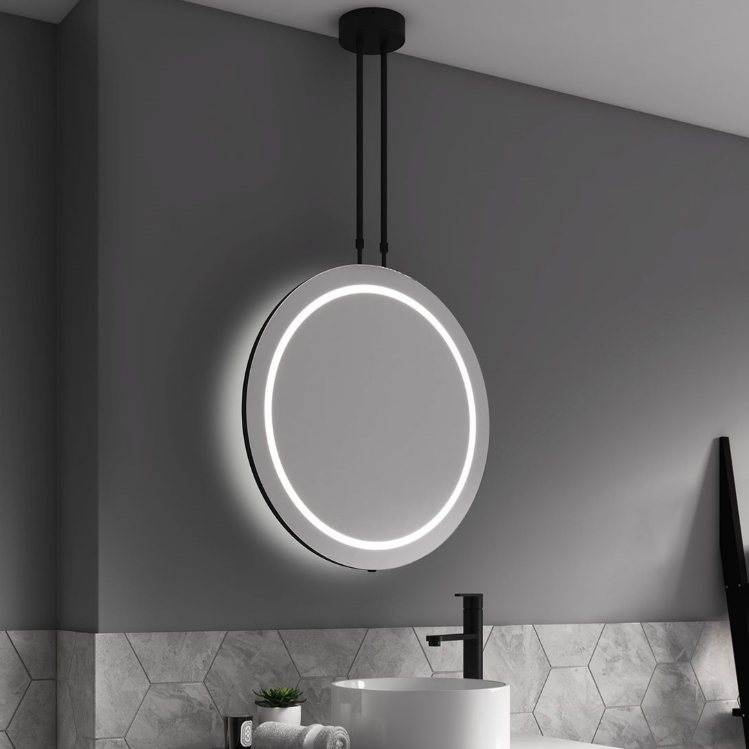 Round Ceiling Hanging LED Bathroom Mirror with Demister 600mm - Sensio Ivy