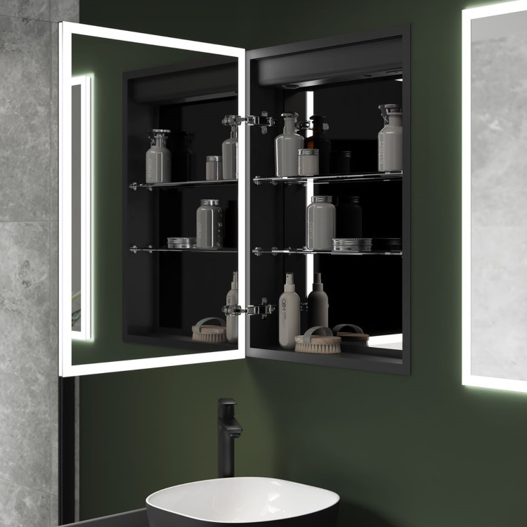 Sensio Eclipse Single Door Recessed Mirrored Bathroom Cabinet with Lights & Shaver Socket 700 x 500mm