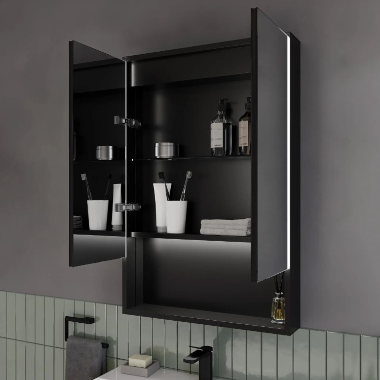 Sensio Sydney Double Door Black Mirrored Bathroom Cabinet with Lights & Shelf 600 x 900mm
