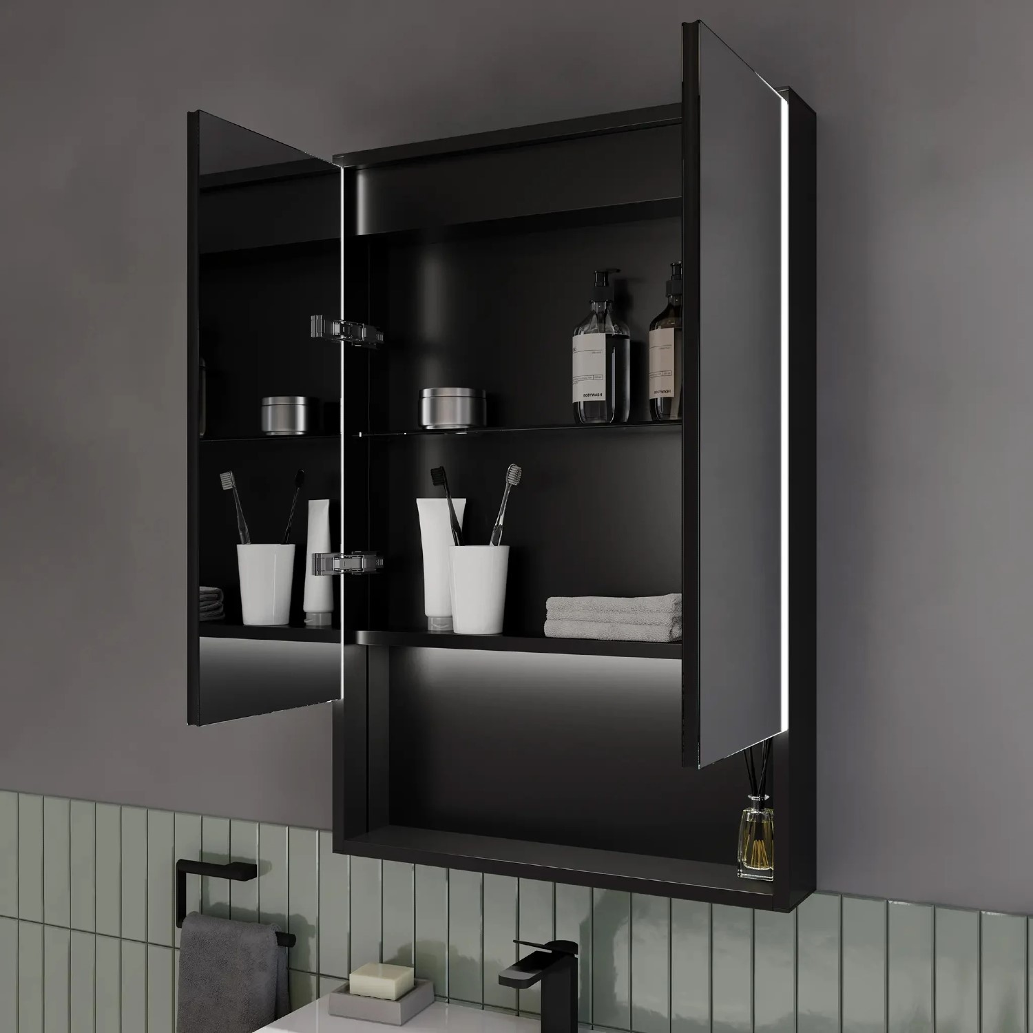 Sensio Sydney Double Door Black Bathroom Mirror Cabinet with Lights & Shelf 600 x 900mm