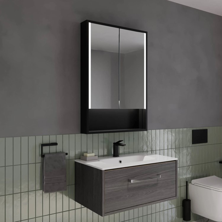 Sensio Sydney Double Door Black Mirrored Bathroom Cabinet with Lights & Shelf 600 x 900mm