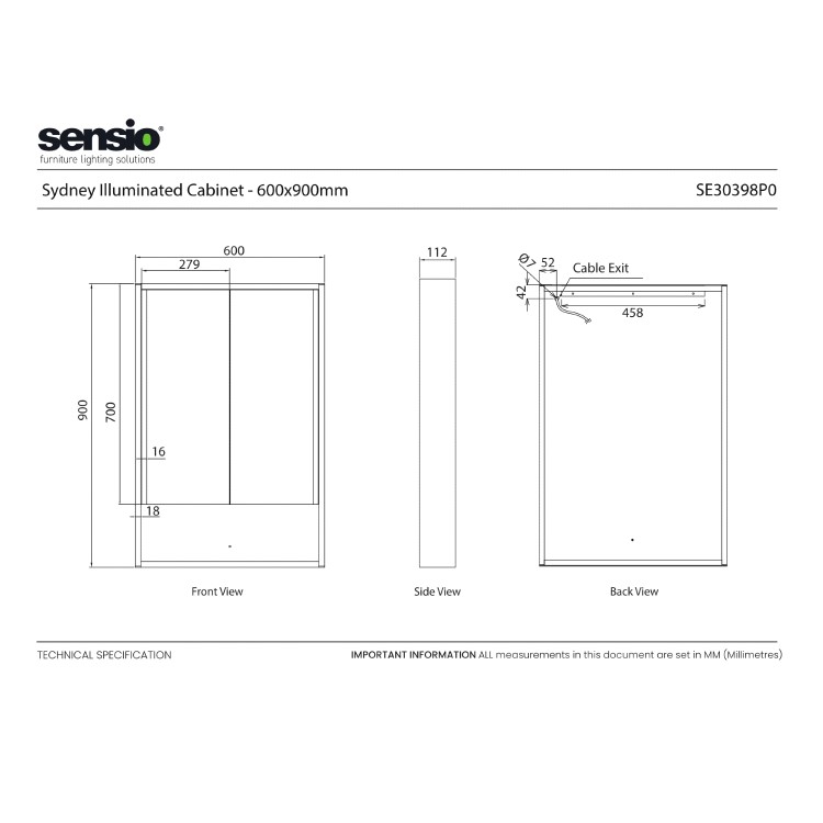 Sensio Sydney Double Door Black Mirrored Bathroom Cabinet with Lights & Shelf 600 x 900mm