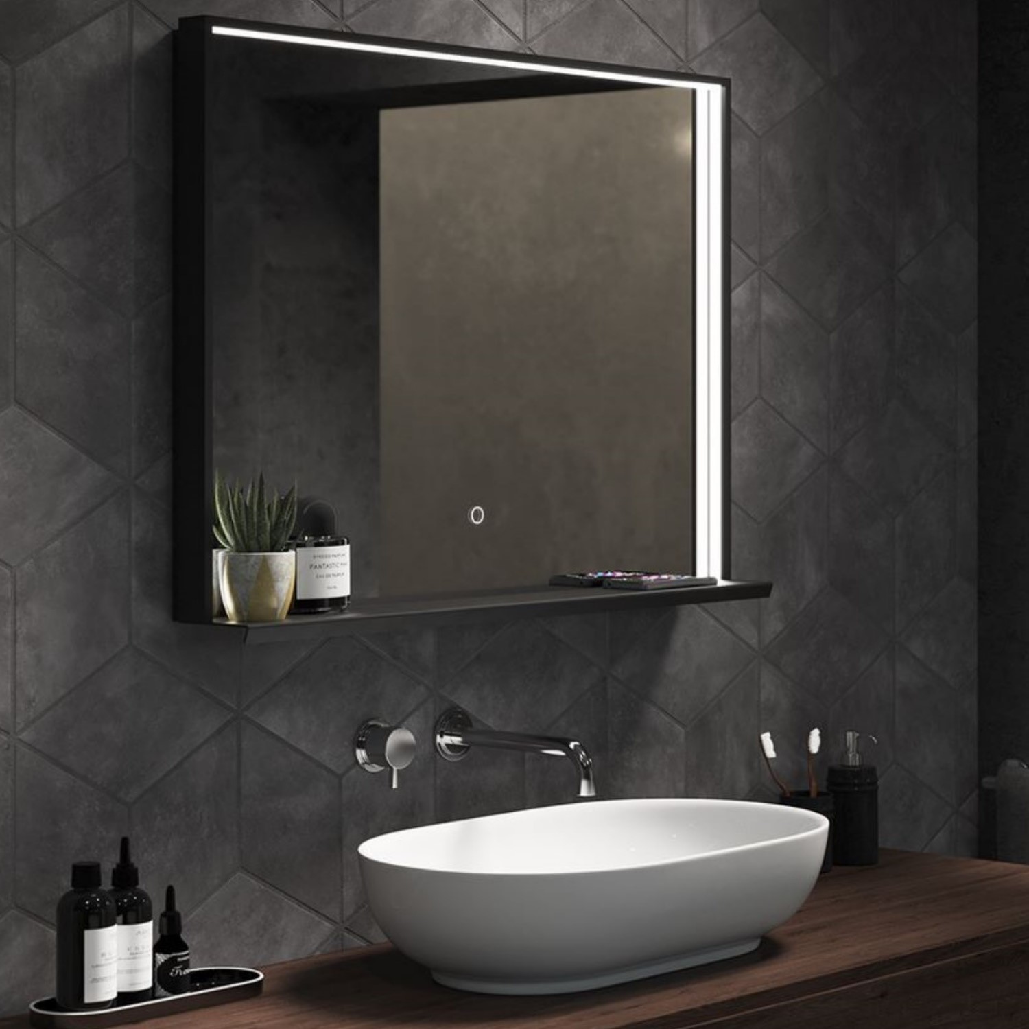 Rectangular Black LED Bathroom Mirror with Shelf and Charger 800 x 600mm - Sensio Element