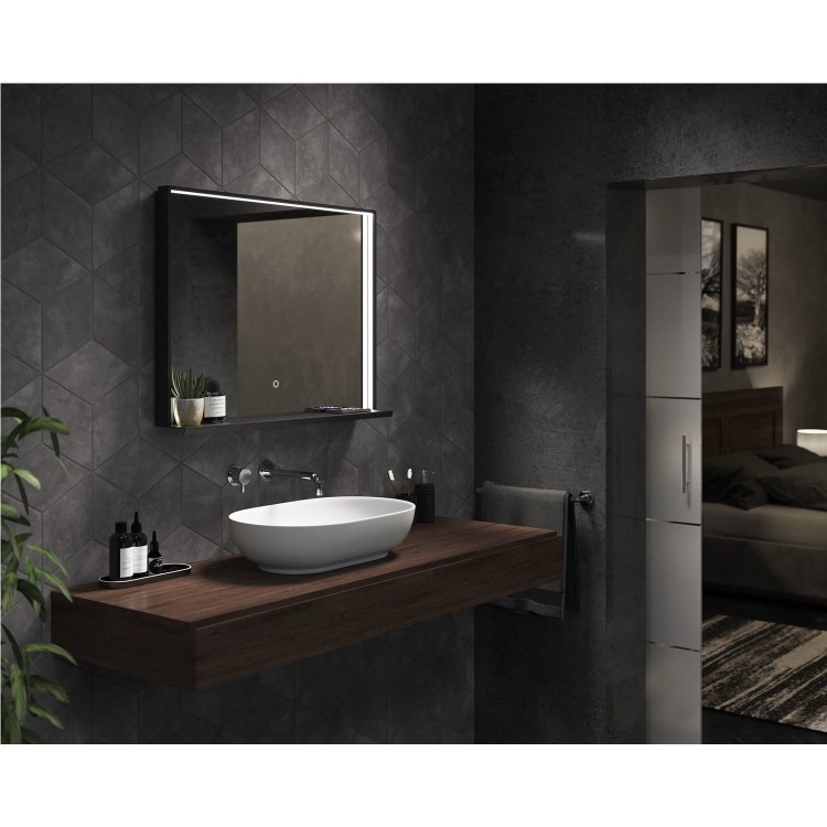 Sensio Element Rectangular Black LED Heated Bathroom Mirror with Shelf and Charger 800 x 600mm