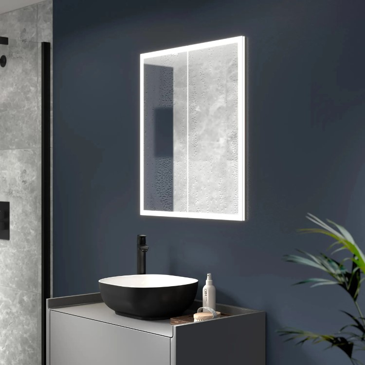 Sensio Eclipse Double Door Black Recessed Mirrored Bathroom Cabinet with Lights, Demister & Shaver Socket 600 x 700mm