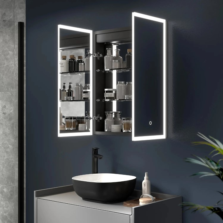 Sensio Eclipse Double Door Black Recessed Mirrored Bathroom Cabinet with Lights, Demister & Shaver Socket 600 x 700mm