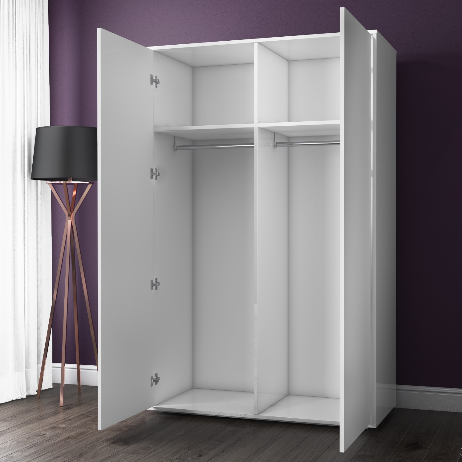 White High Gloss 2 Door Double Wardrobe LED Lights Modern Bedroom