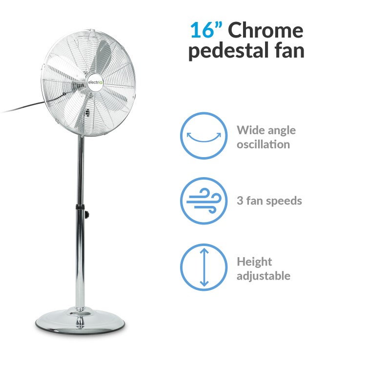 electriQ 16 Inch Oscillating Pedestal Fan - Chrome
