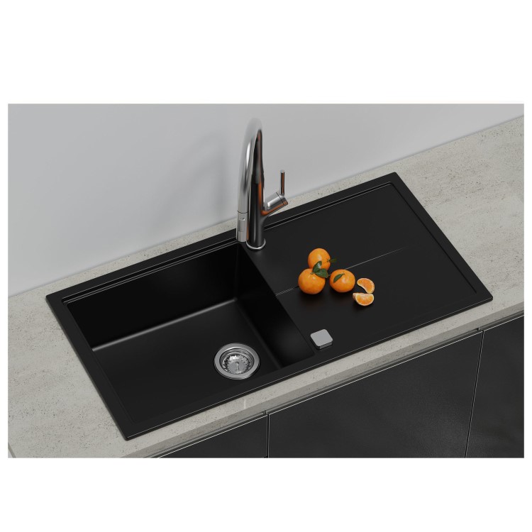 Single Bowl Inset Black Granite Kitchen Sink with Reversible Drainer - Essence