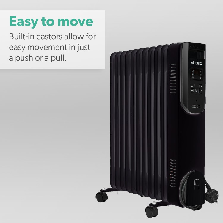 electriQ 2.5kw Black Smart WiFi Alexa Oil Filled Radiator 11 Fin  24 hour and Weekly Timer with Thermostat and Remote 