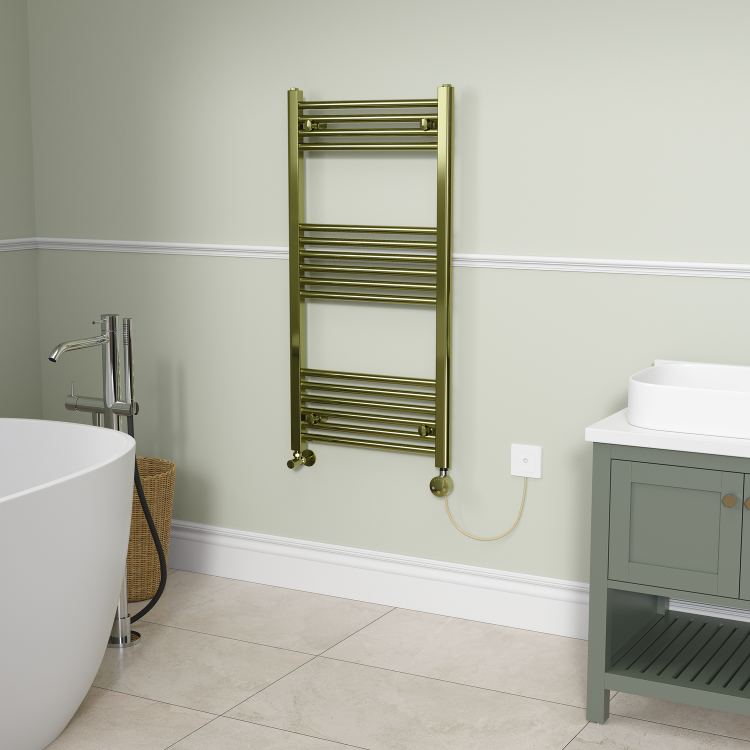 Brushed Brass electriQ 800W Smart Wi-Fi Thermostatic Heating Element for Electric & Dual-Fuel Radiators and Towel Rails – Plug-In or Hardwired