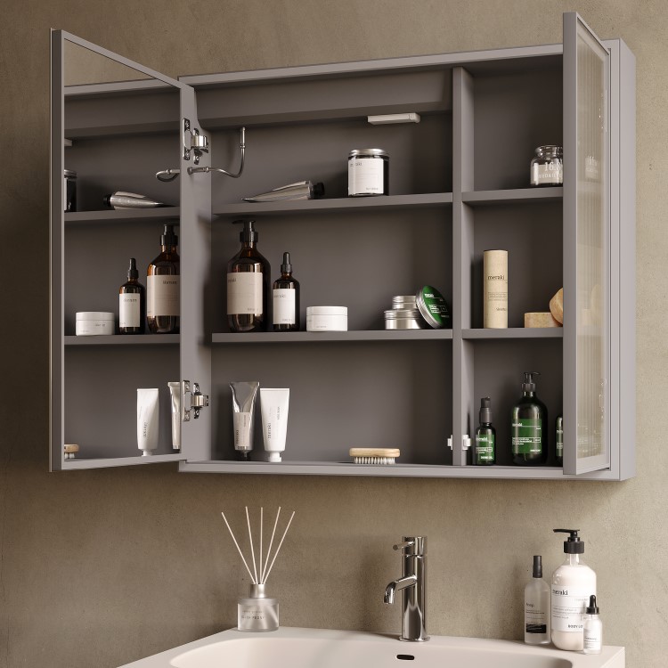 Double Door Beige Bathroom Mirror Cabinet with Lights Demister & Shaver Socket - Sidra