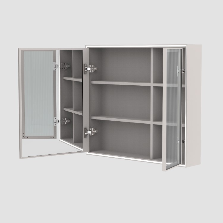 Double Door Beige Bathroom Mirror Cabinet with Lights Demister & Shaver Socket - Sidra