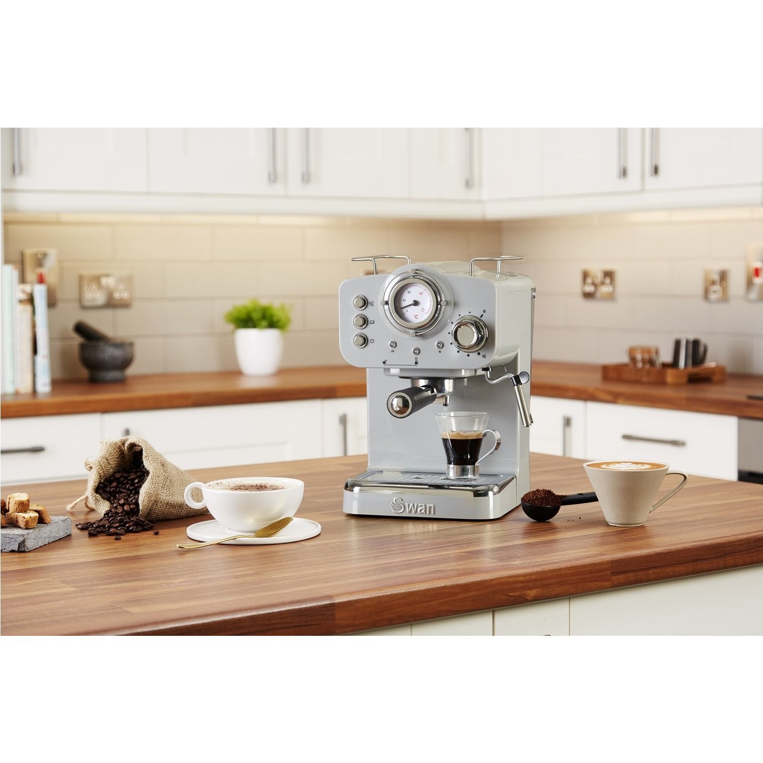 Swan SK22110GRYN Retro Espresso Coffee Machine Grey Appliances Direct