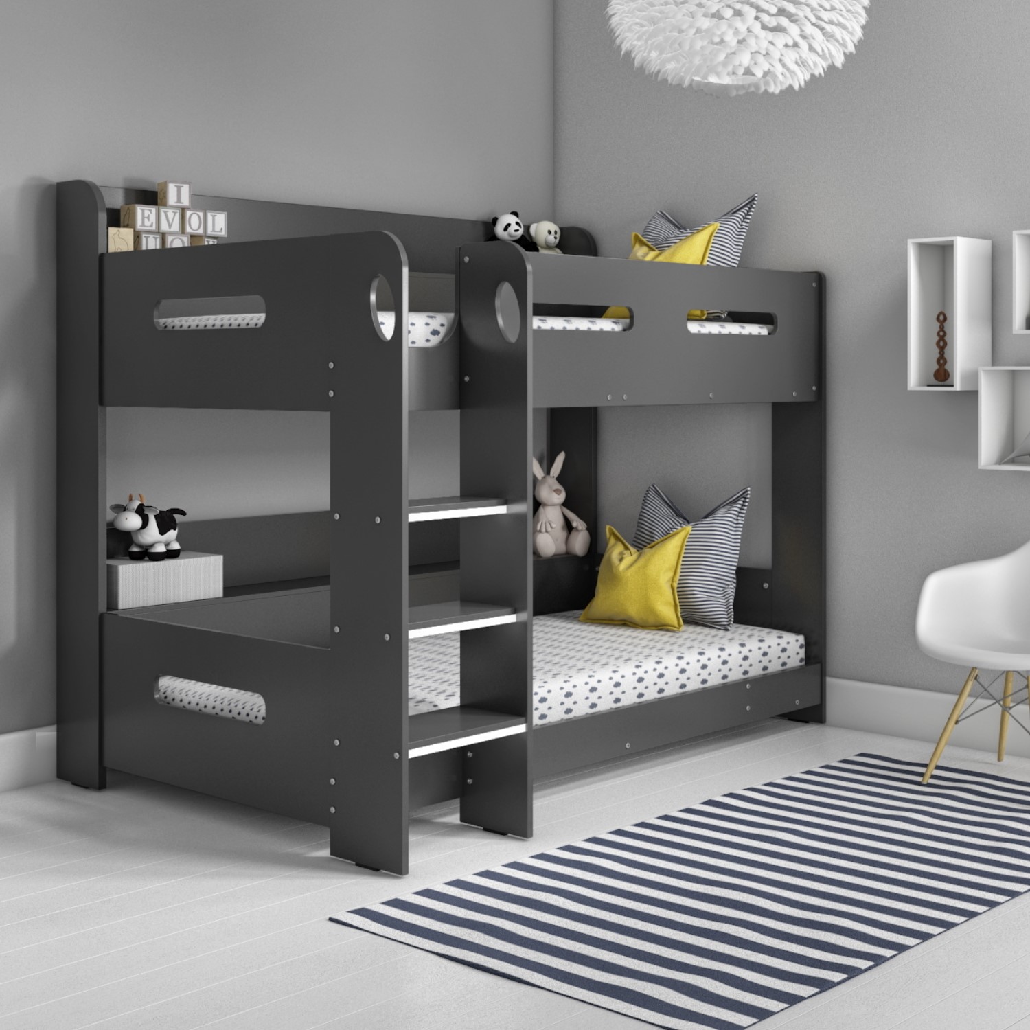 gray bunk beds with storage