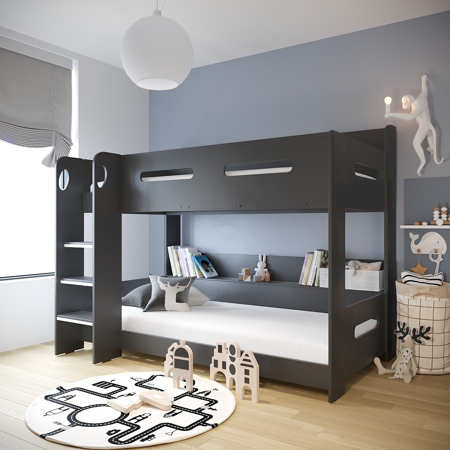 Grey Bunk Bed With Storage Ladder Can Be Fitted Either Side Grey Bunk Bed With Storage Ladder Can Be Fitted Either Side