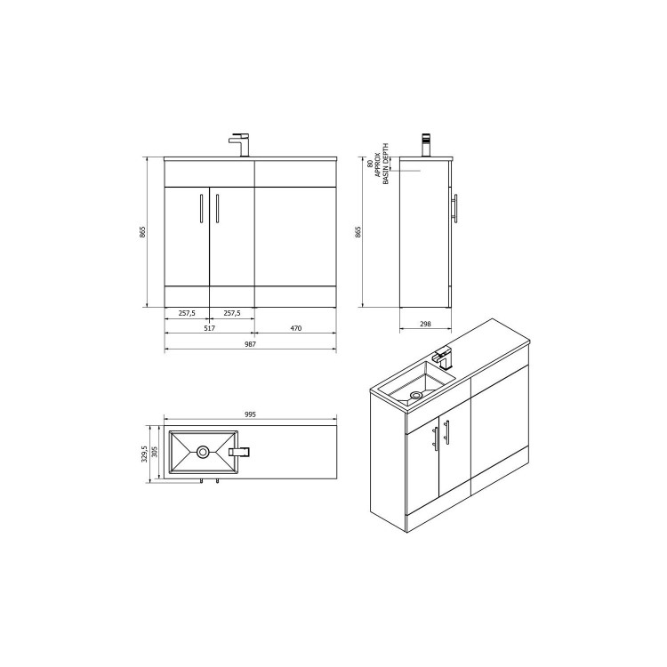 Black Slim Line Right Hand Basin & Vanity Unit Furniture Suite - W995mm