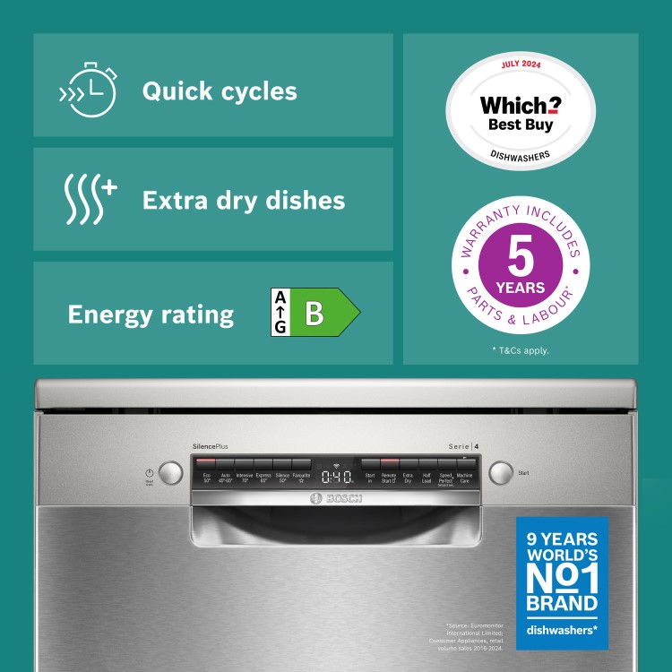 Bosch Series 4 Freestanding Dishwasher - Smart Wi-Fi, B-Rated, Brushed steel anti-fingerprint
