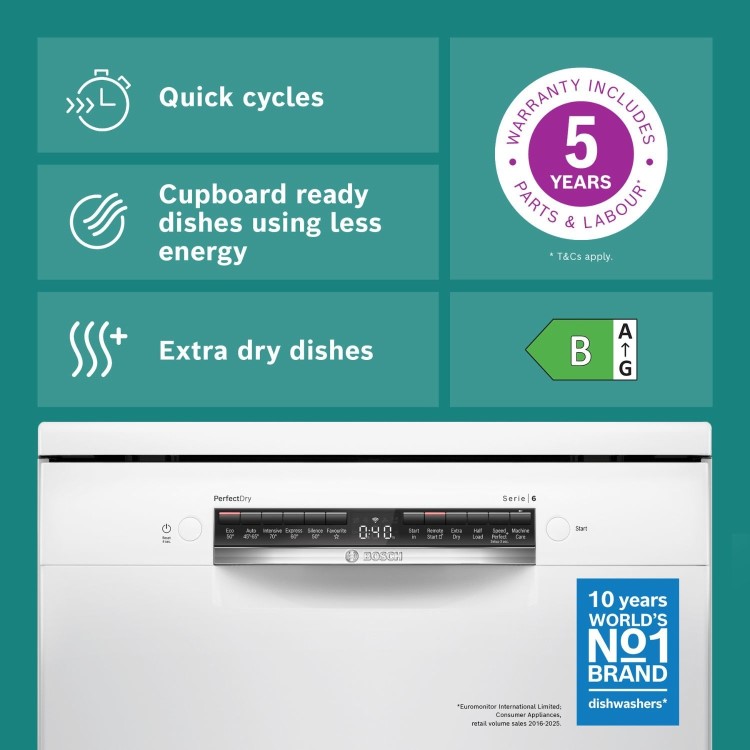 Bosch Series 6 Freestanding Dishwasher - Smart Wi-Fi, B-Rated, White