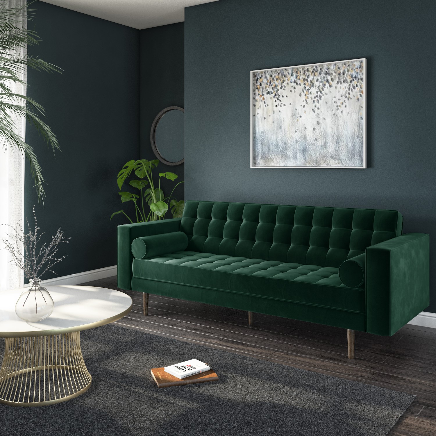 Buttoned Green Velvet Sofa - 3 Seater with Cushions - Elba SOF040