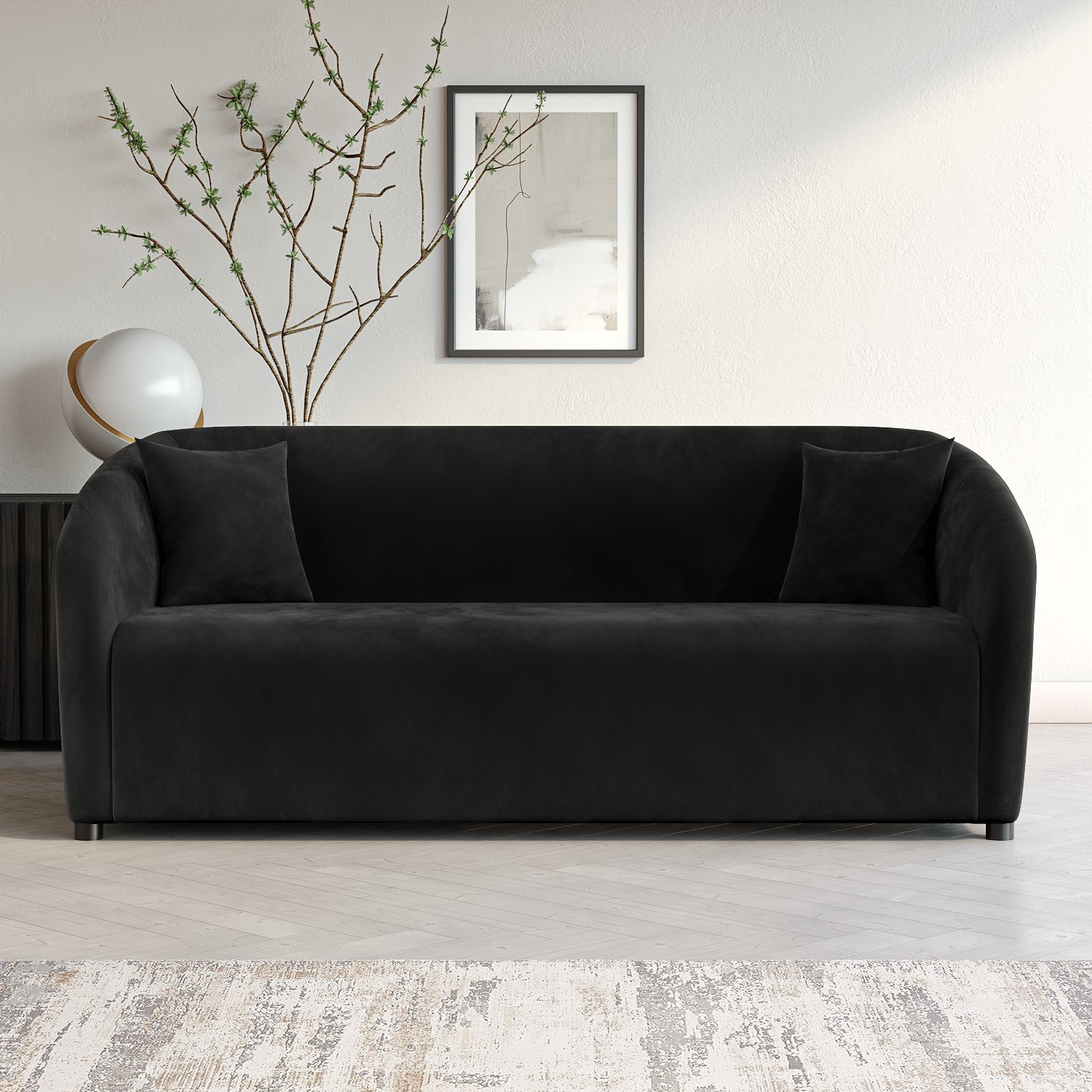 GRADE A1 - Black Velvet 3 Seater Curved Sofa - Monroe | eBay