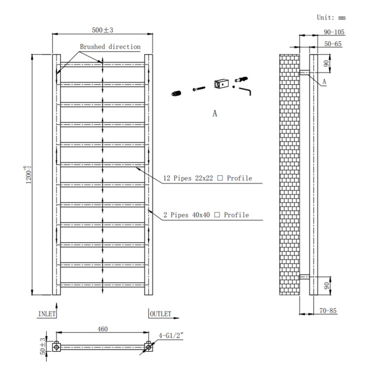 Black Towel Radiator 1200 x 500mm - Sonoran